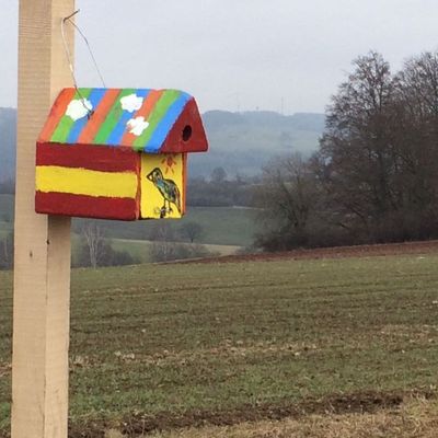 bunt gestalteter Nistkasten hängt an der neu gepflanzten Hecke